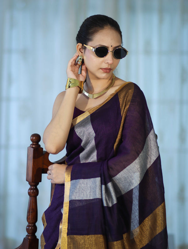 Bhagalpur Handloom Pure Linen Saree With Gold & Silver Stripes-Violet