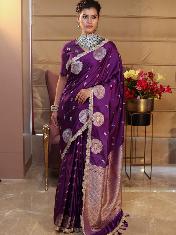 Banarasee Handwoven Mashru Silk Saree With Sona Rupa Zari Buta Design Border & Lace-Purple