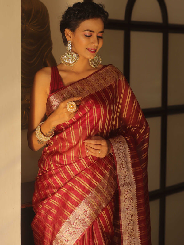 Banarasee Handwoven Striped Tissue Saree-Maroon