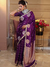 Banarasee Handwoven Mashru Silk Saree With Sona Rupa Zari Buta Design Border & Lace-Purple