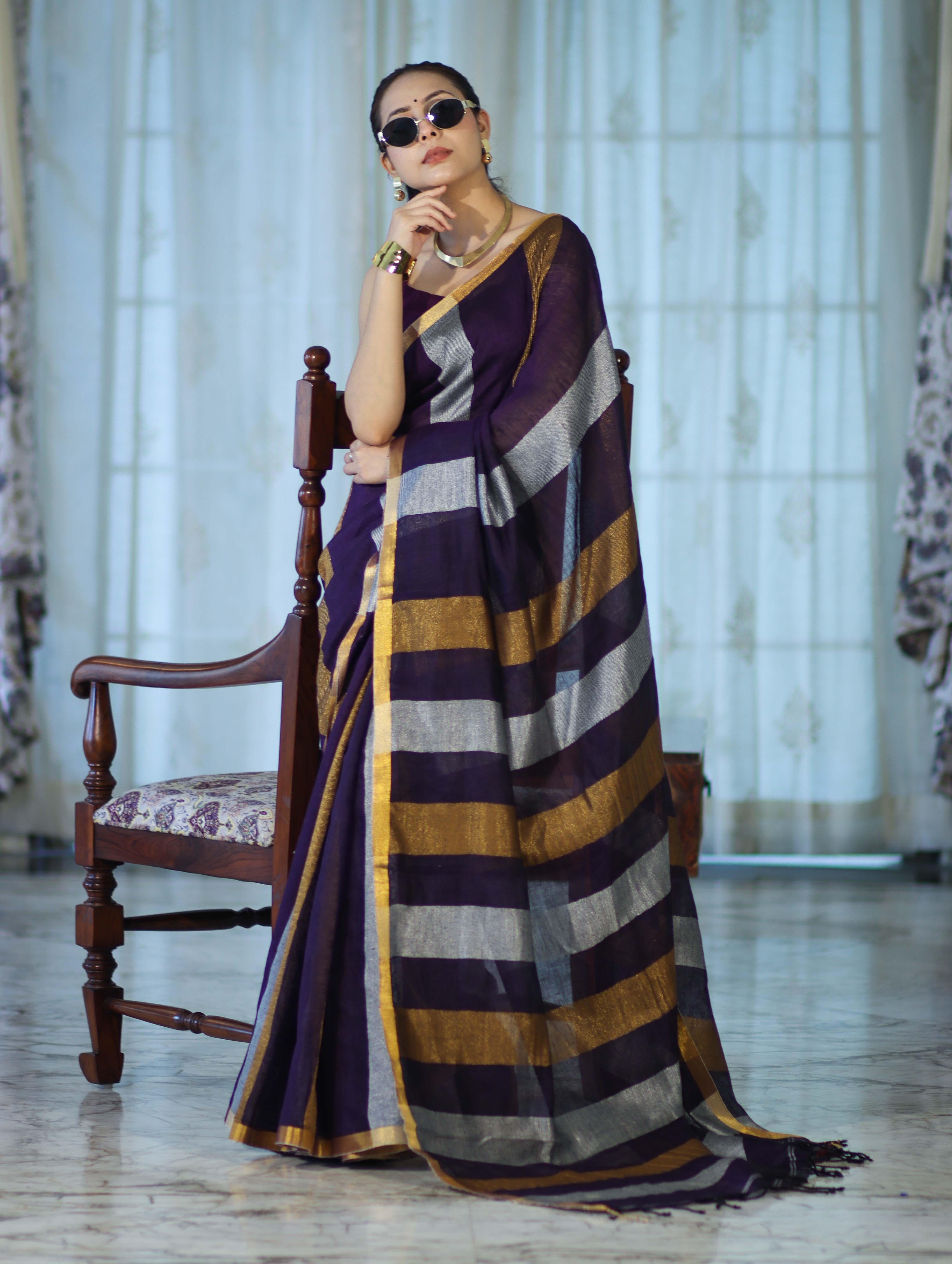 Bhagalpur Handloom Pure Linen Saree With Gold & Silver Stripes-Violet