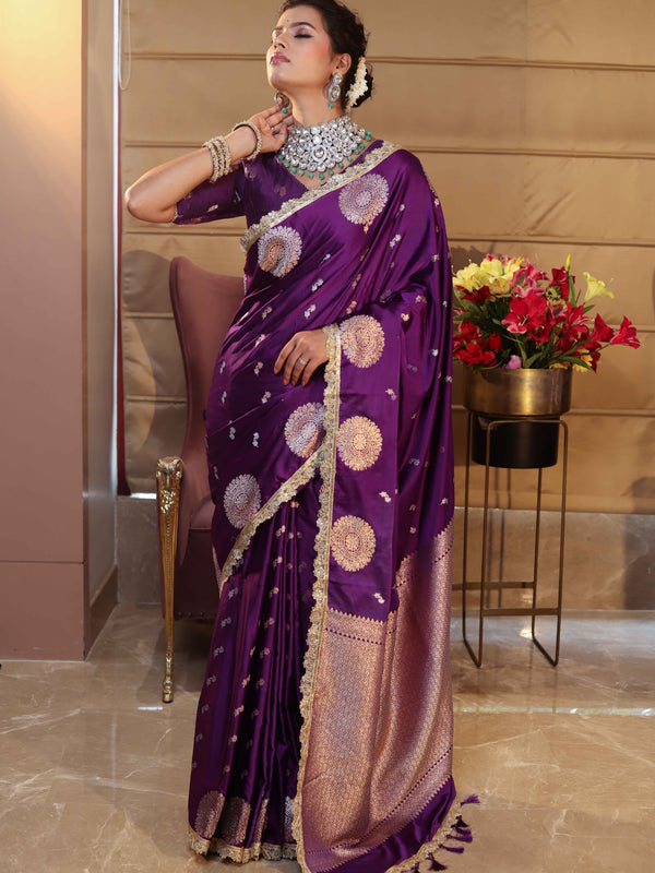 Banarasee Handwoven Mashru Silk Saree With Sona Rupa Zari Buta Design Border & Lace-Purple