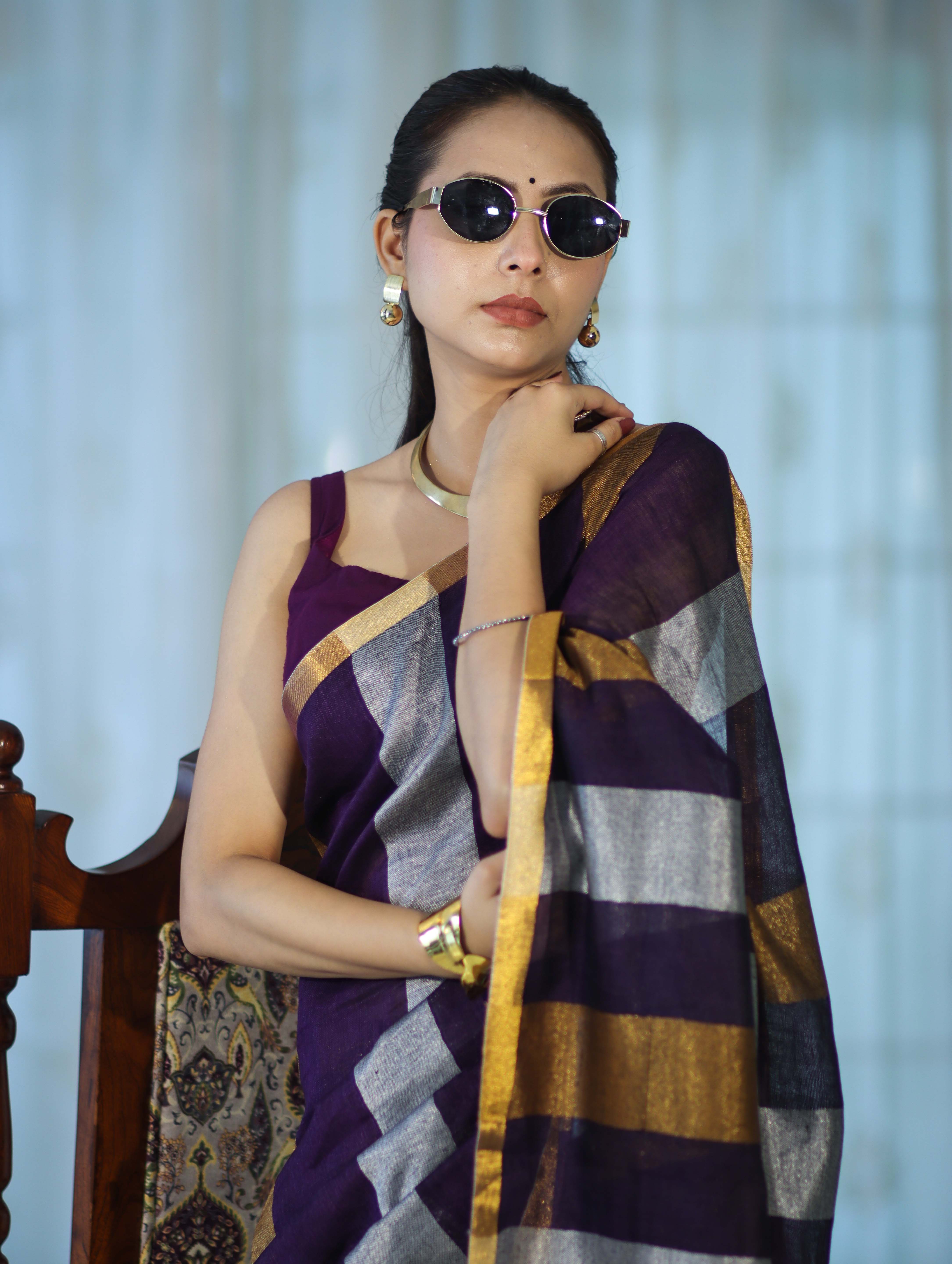 Bhagalpur Handloom Pure Linen Saree With Gold & Silver Stripes-Violet