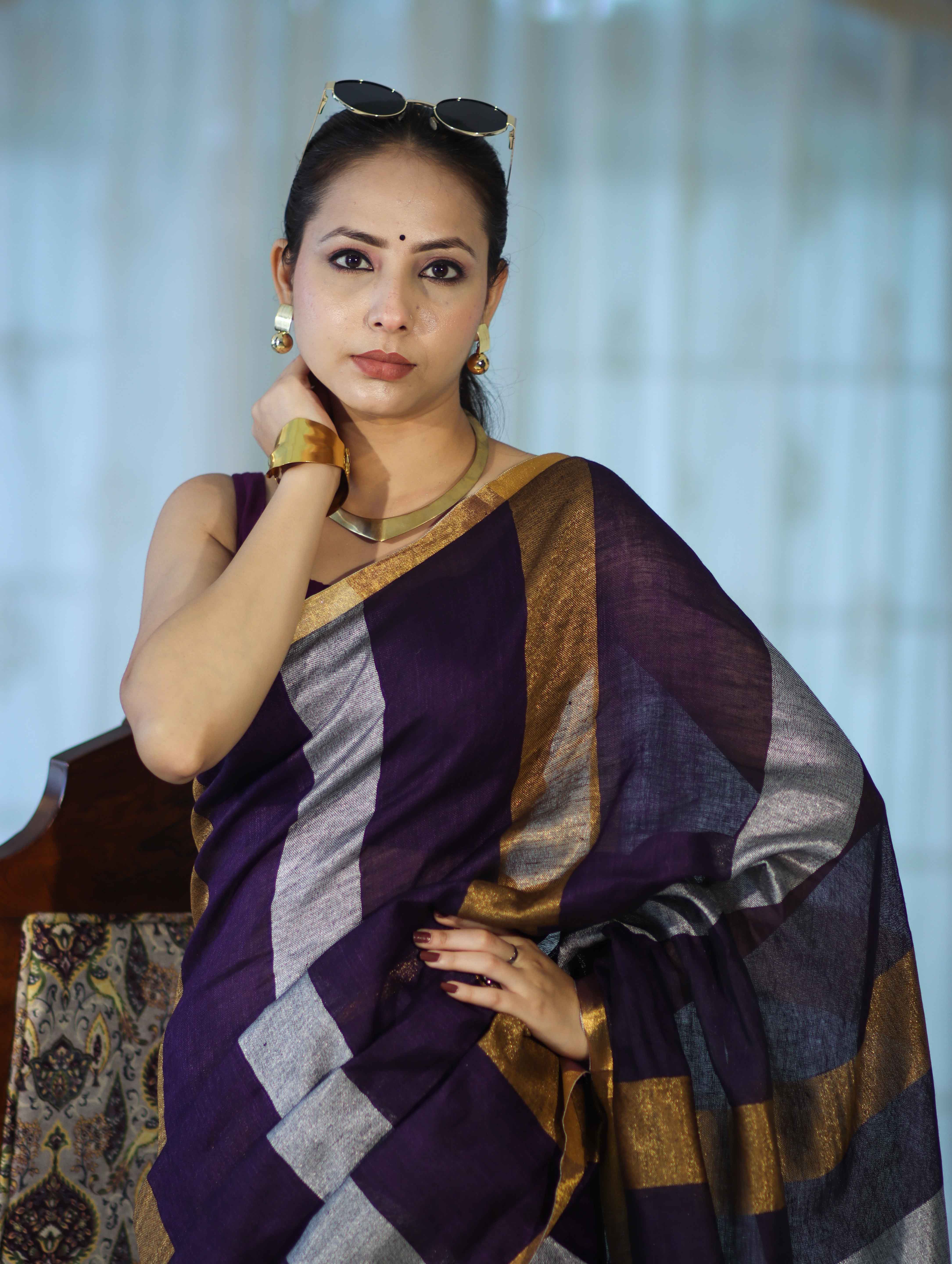 Bhagalpur Handloom Pure Linen Saree With Gold & Silver Stripes-Violet