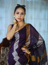 Bhagalpur Handloom Pure Linen Saree With Gold & Silver Stripes-Violet