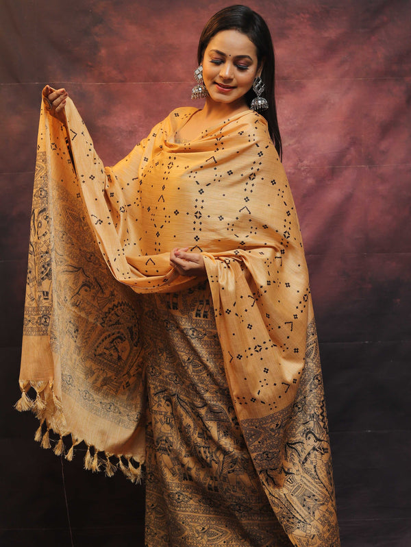 Pure Handloom Khadi Cotton Madhubani Print Salwar Kameez Dupatta Set-Beige