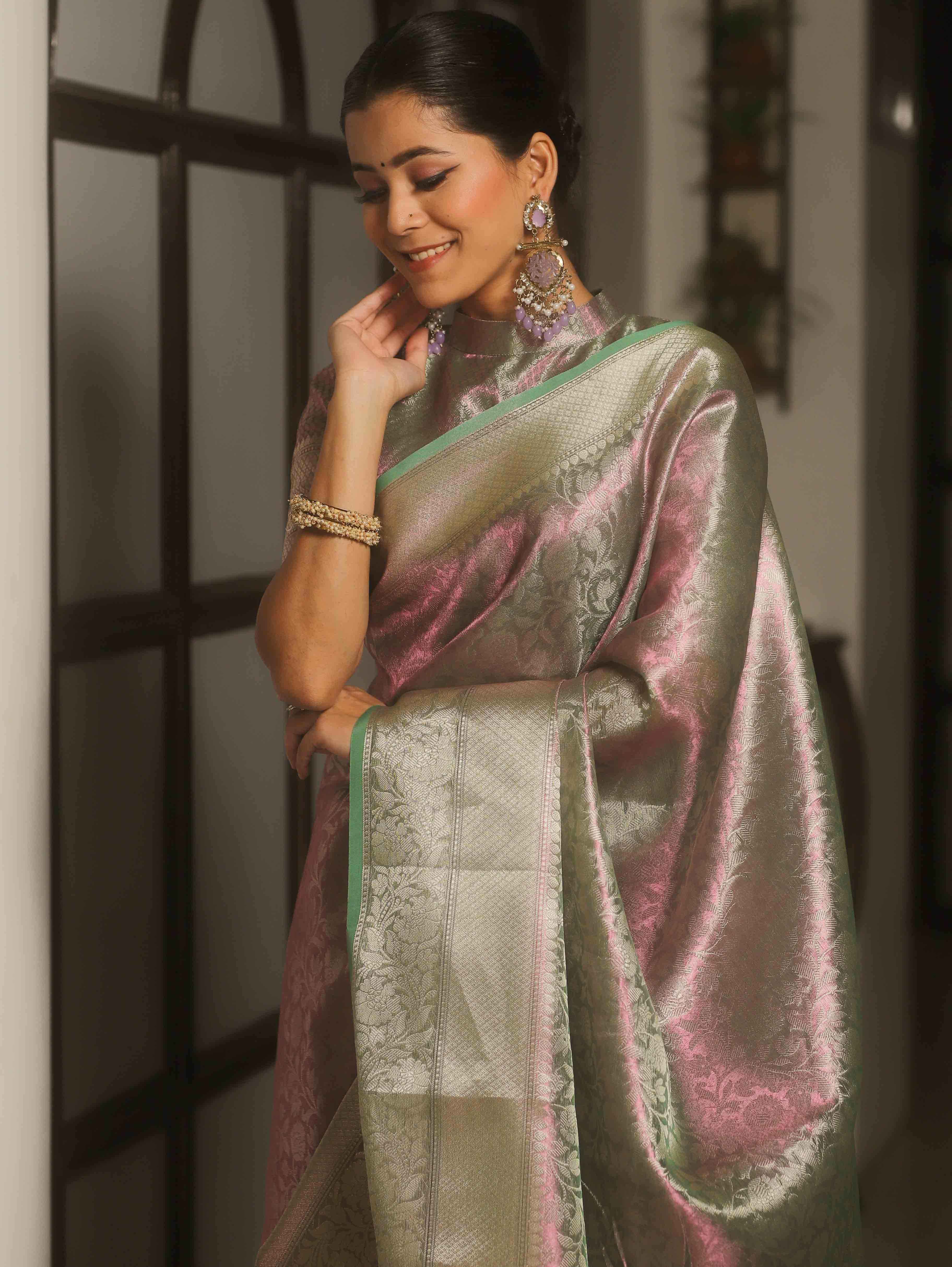 Banarasee Handwoven Zari Jaal Design Tissue Saree-Purple (Green Dual Tone)