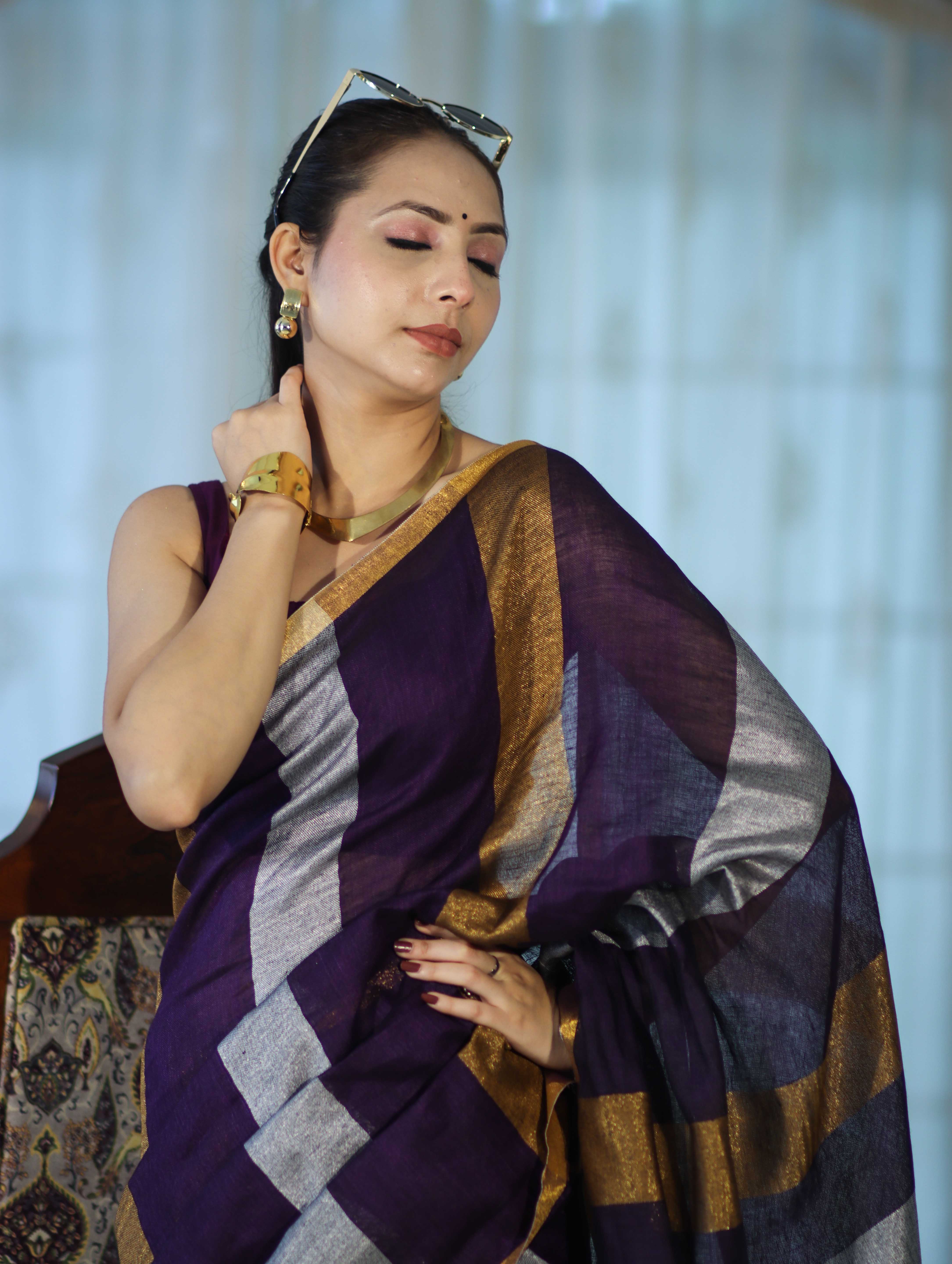 Bhagalpur Handloom Pure Linen Saree With Gold & Silver Stripes-Violet