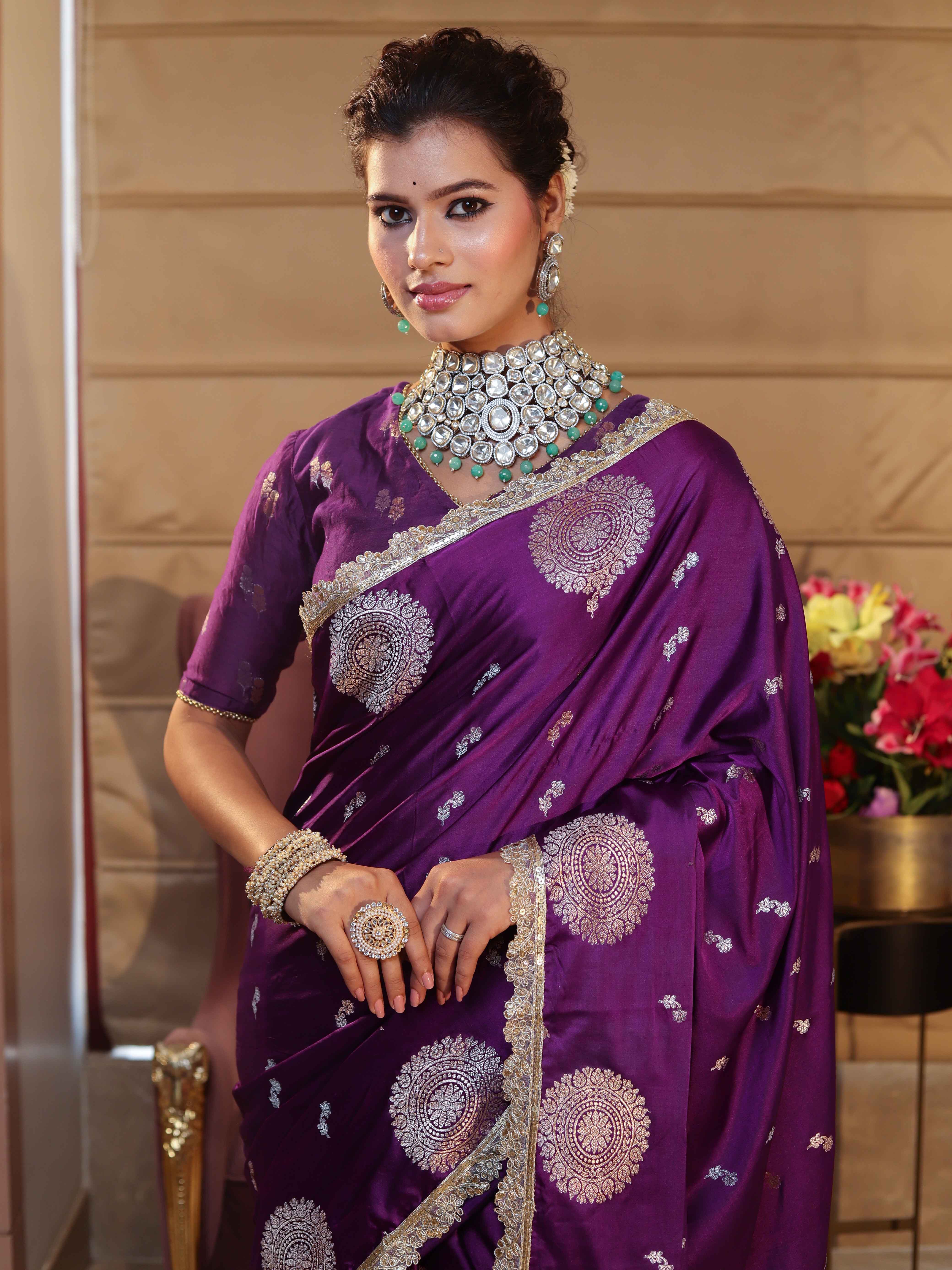 Banarasee Handwoven Mashru Silk Saree With Sona Rupa Zari Buta Design Border & Lace-Purple