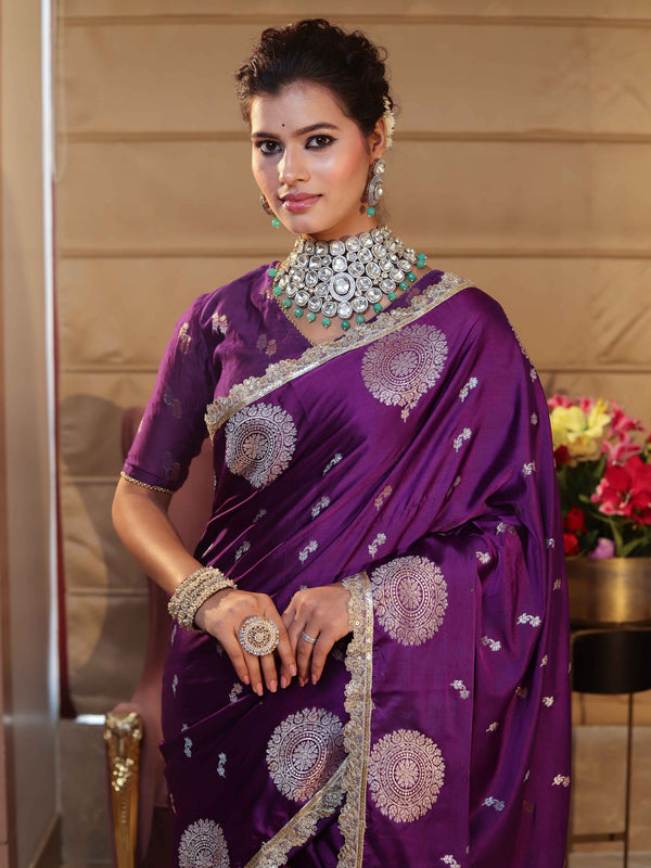 Banarasee Handwoven Mashru Silk Saree With Sona Rupa Zari Buta Design Border & Lace-Purple