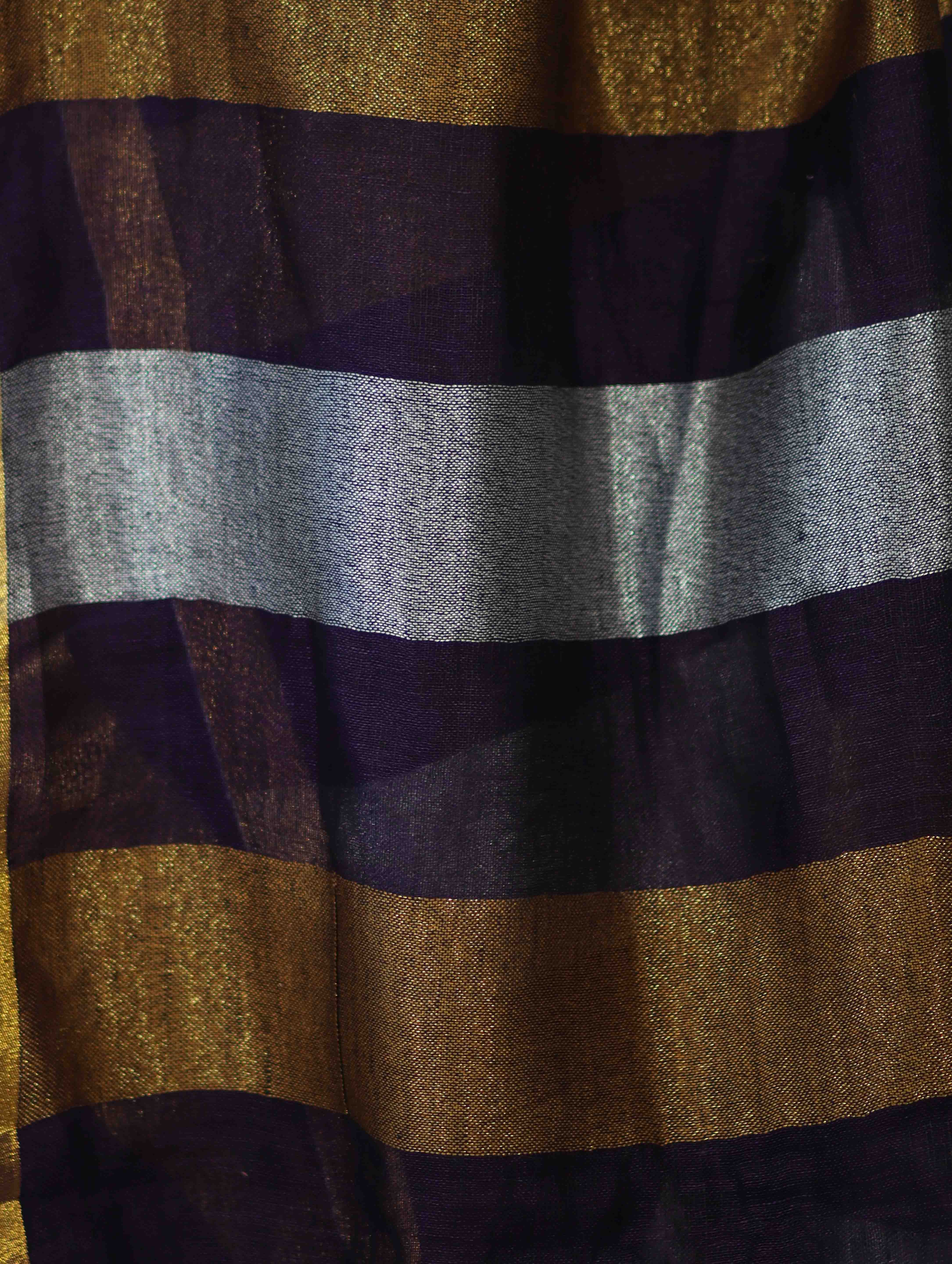 Bhagalpur Handloom Pure Linen Saree With Gold & Silver Stripes-Violet