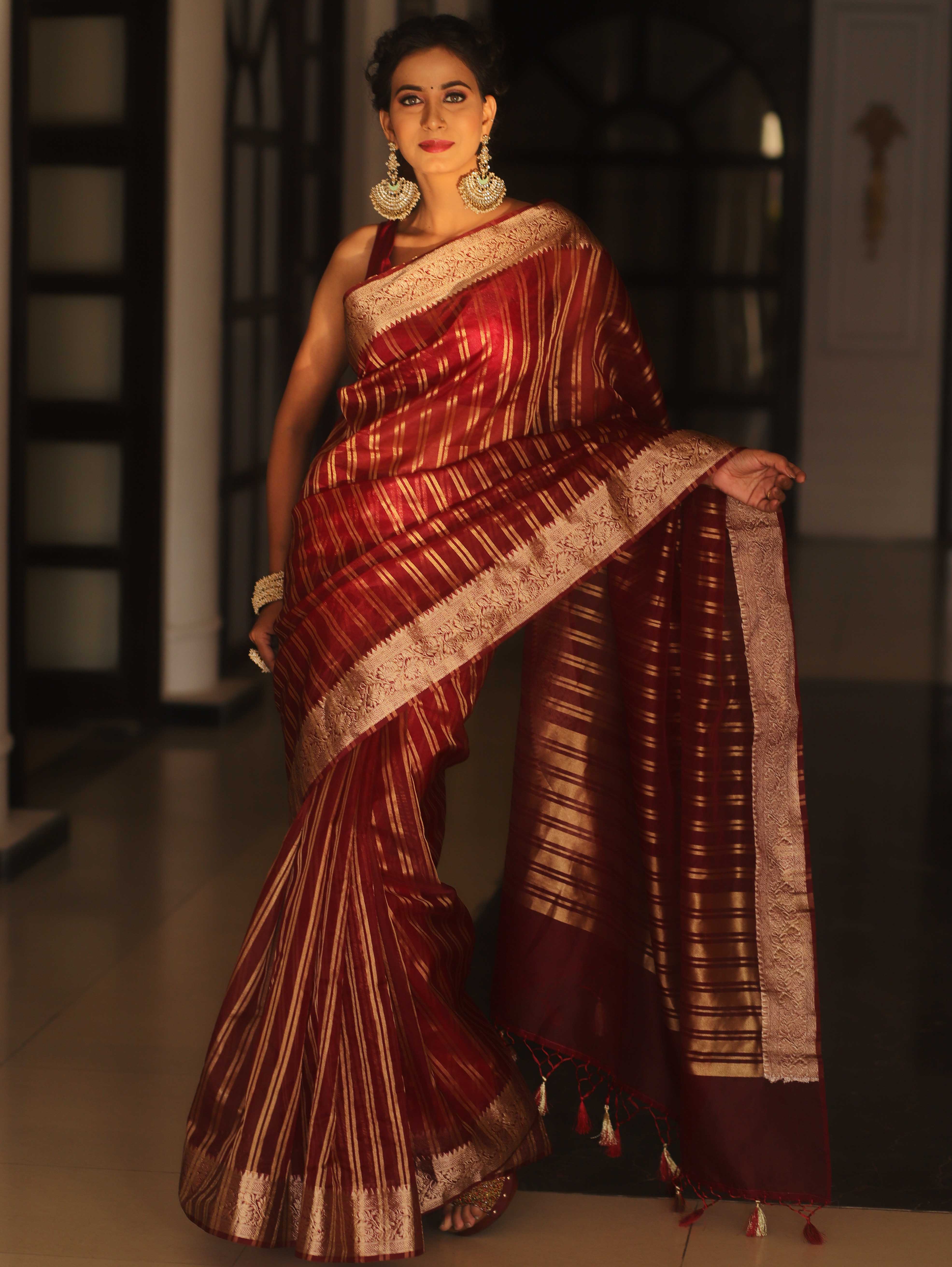 Banarasee Handwoven Striped Tissue Saree-Maroon