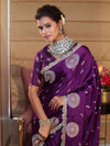 Banarasee Handwoven Mashru Silk Saree With Sona Rupa Zari Buta Design Border & Lace-Purple