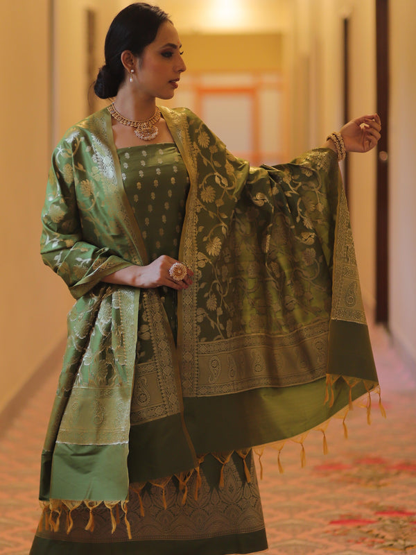 Banarasee Salwar Kameez Semi Katan Silk Fabric With Zari Work-Olive Green