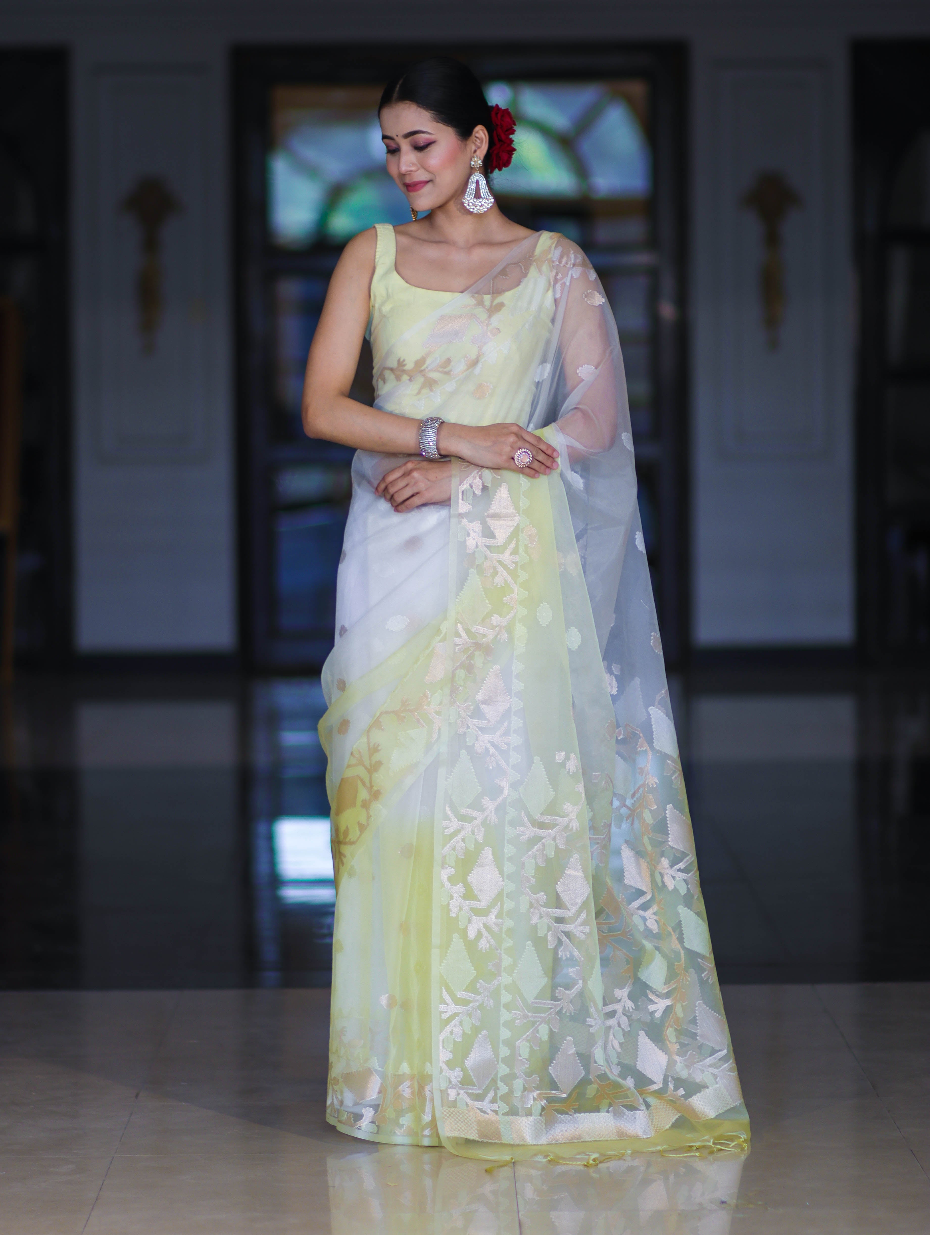 Banarasee Dual Color Organza Mix Saree With Resham & Zari Work-White & Light Yellow