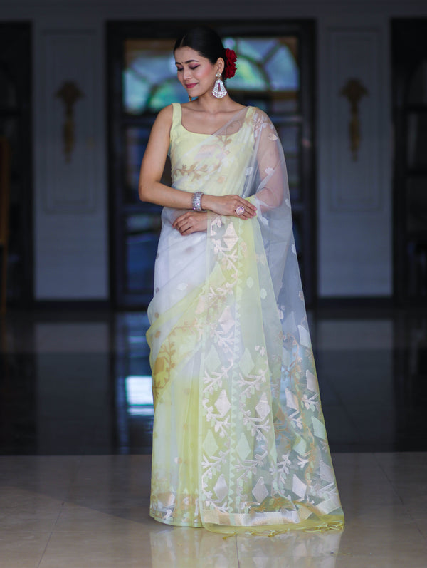 Banarasee Dual Color Organza Mix Saree With Resham & Zari Work-White & Light Yellow