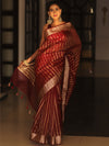 Banarasee Handwoven Striped Tissue Saree-Maroon