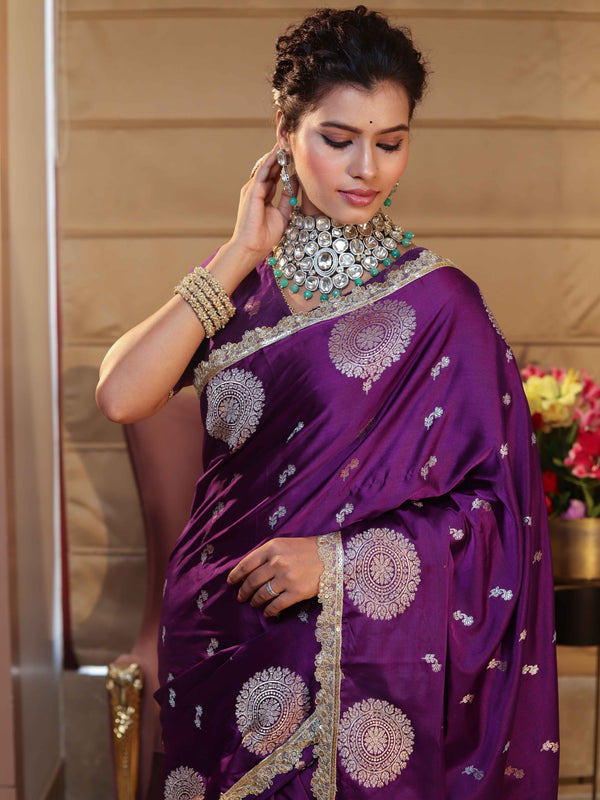 Banarasee Handwoven Mashru Silk Saree With Sona Rupa Zari Buta Design Border & Lace-Purple