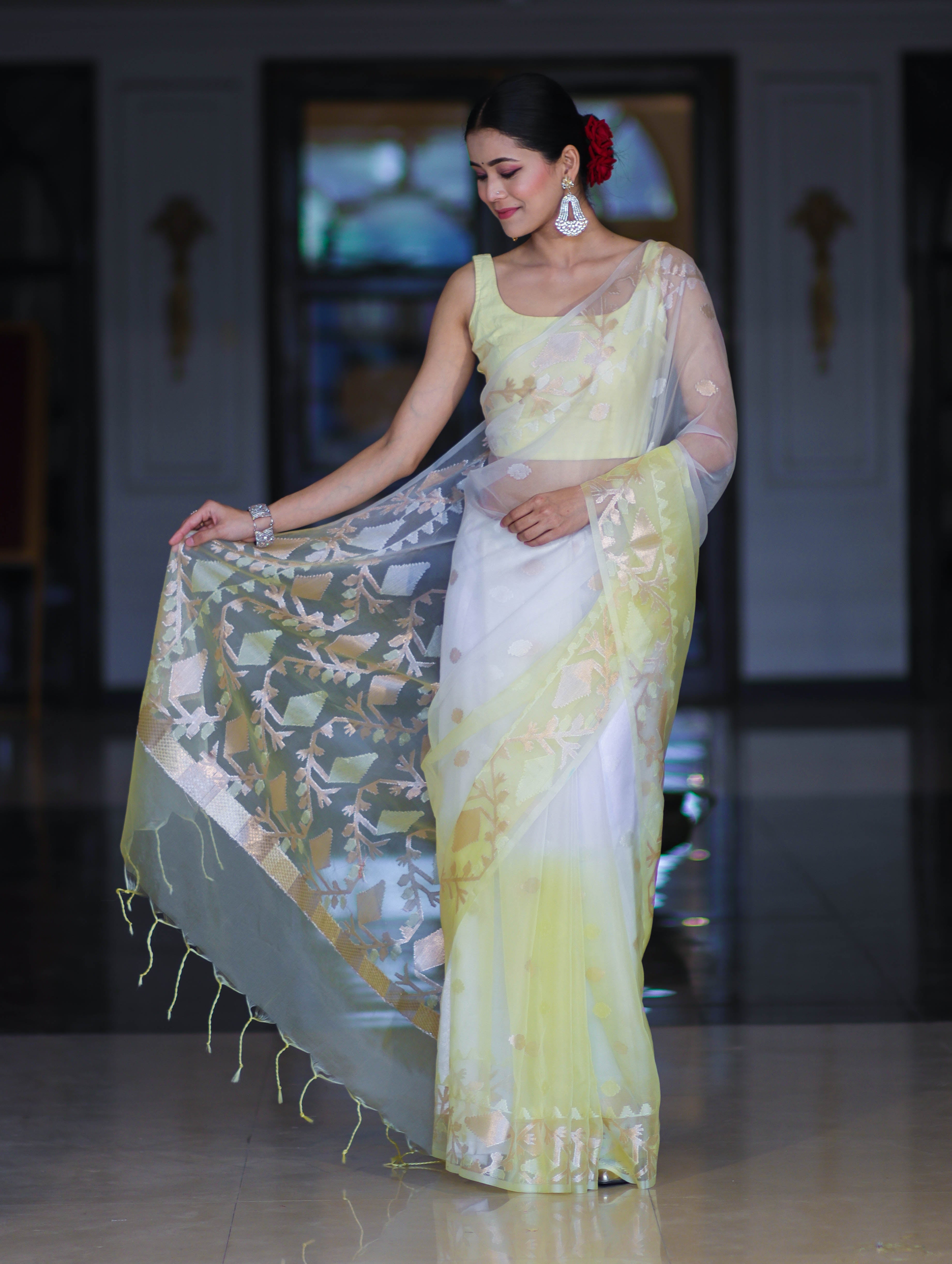 Banarasee Dual Color Organza Mix Saree With Resham & Zari Work-White & Light Yellow