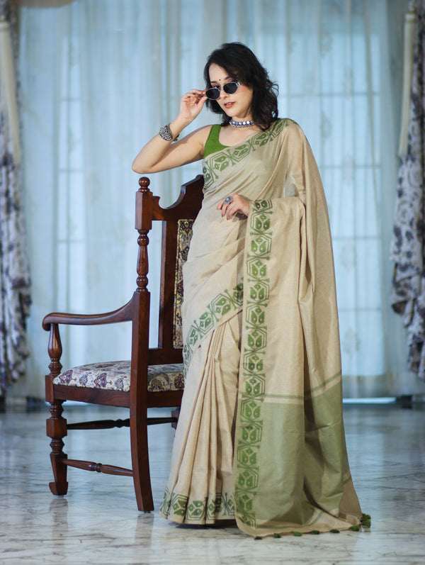 Banarasee Handwoven Semi-Tussar Saree With Contrast Geometric Border-Beige & Green