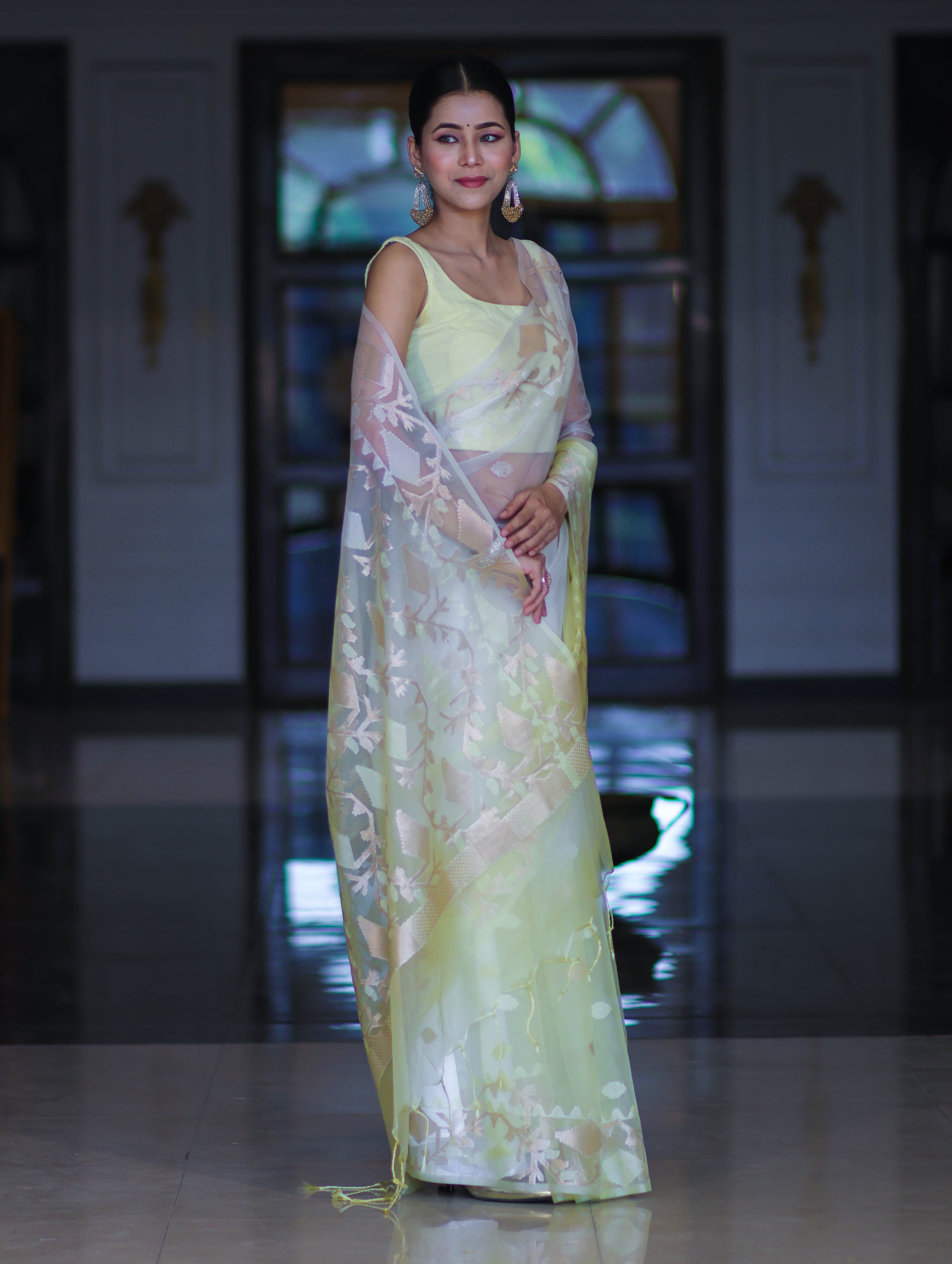 Banarasee Dual Color Organza Mix Saree With Resham & Zari Work-White & Light Yellow