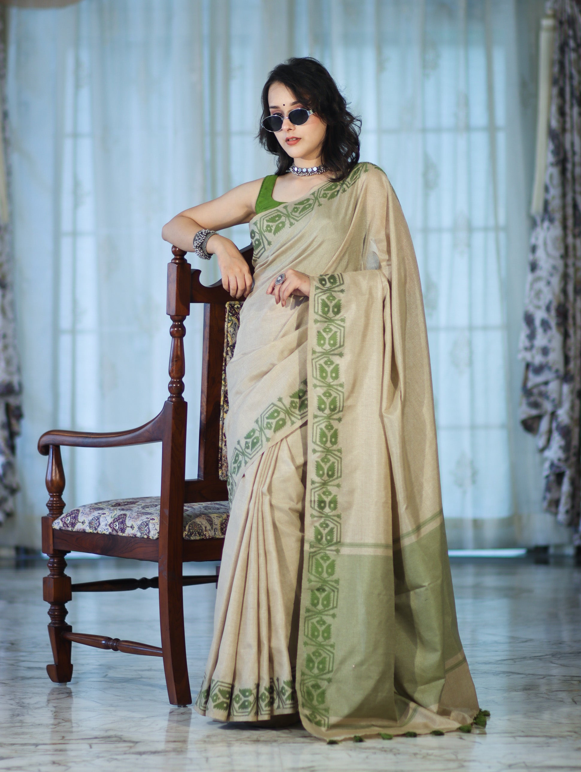 Banarasee Handwoven Semi-Tussar Saree With Contrast Geometric Border-Beige & Green