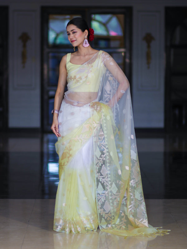 Banarasee Dual Color Organza Mix Saree With Resham & Zari Work-White & Light Yellow