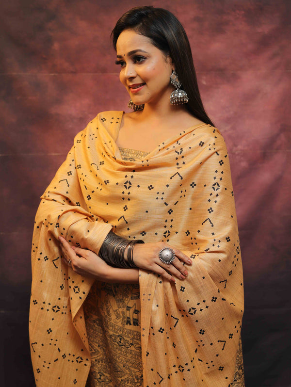 Pure Handloom Khadi Cotton Madhubani Print Salwar Kameez Dupatta Set-Beige
