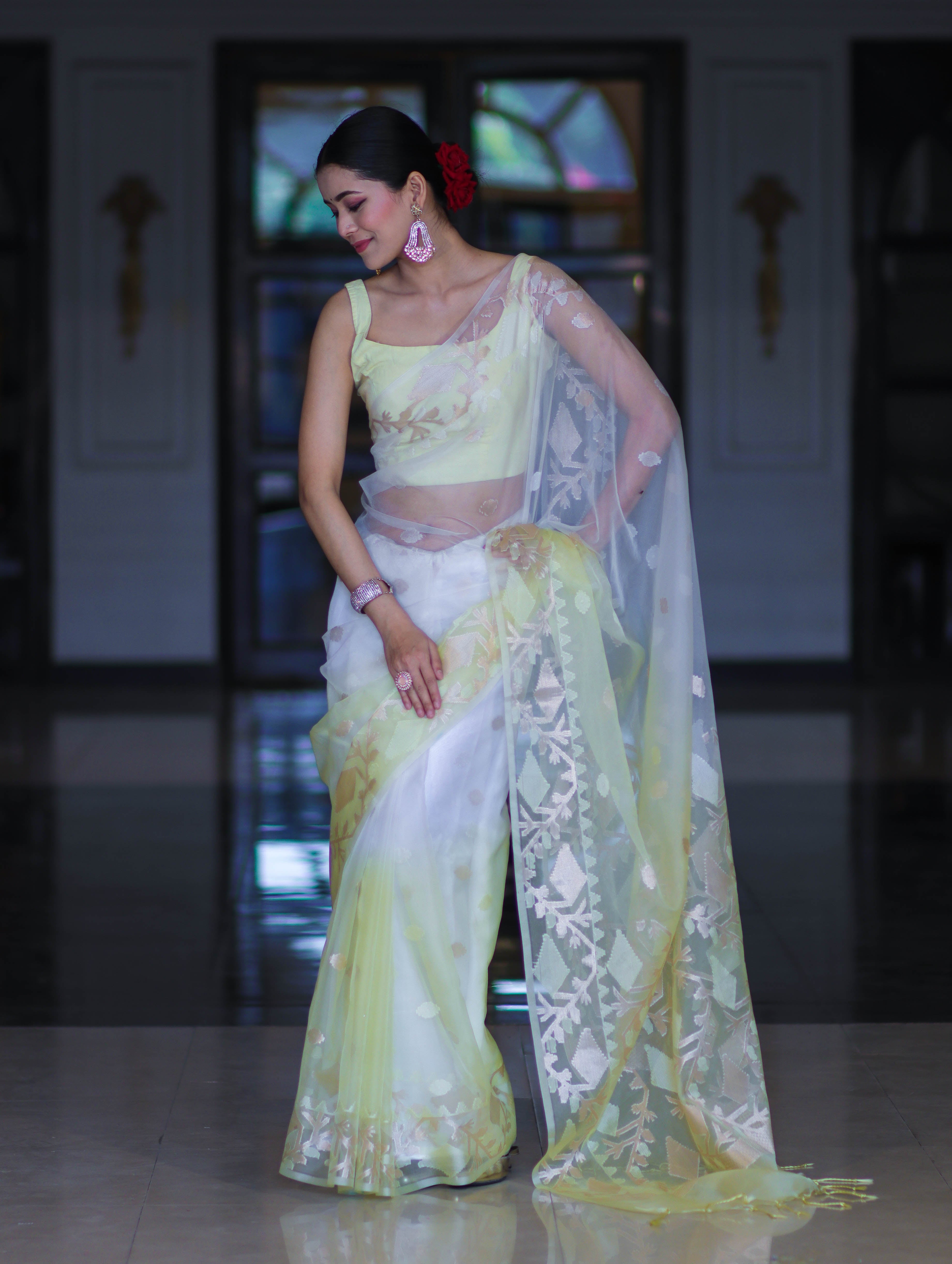 Banarasee Dual Color Organza Mix Saree With Resham & Zari Work-White & Light Yellow