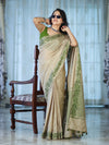 Banarasee Handwoven Semi-Tussar Saree With Contrast Geometric Border-Beige & Green
