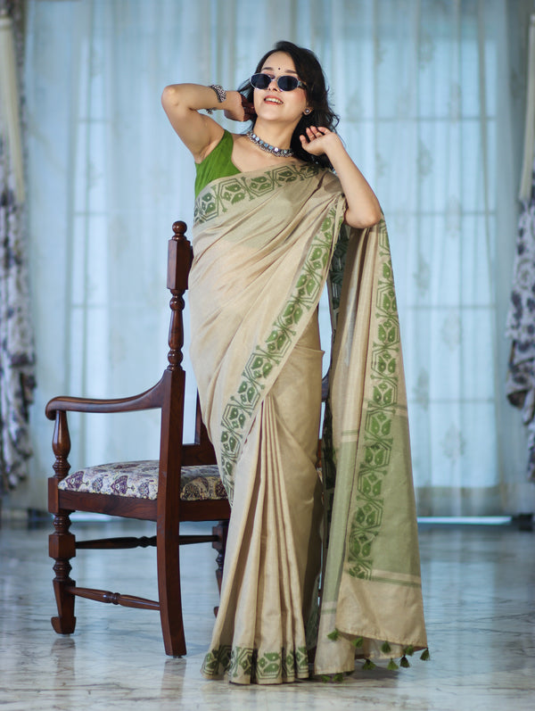 Banarasee Handwoven Semi-Tussar Saree With Contrast Geometric Border-Beige & Green