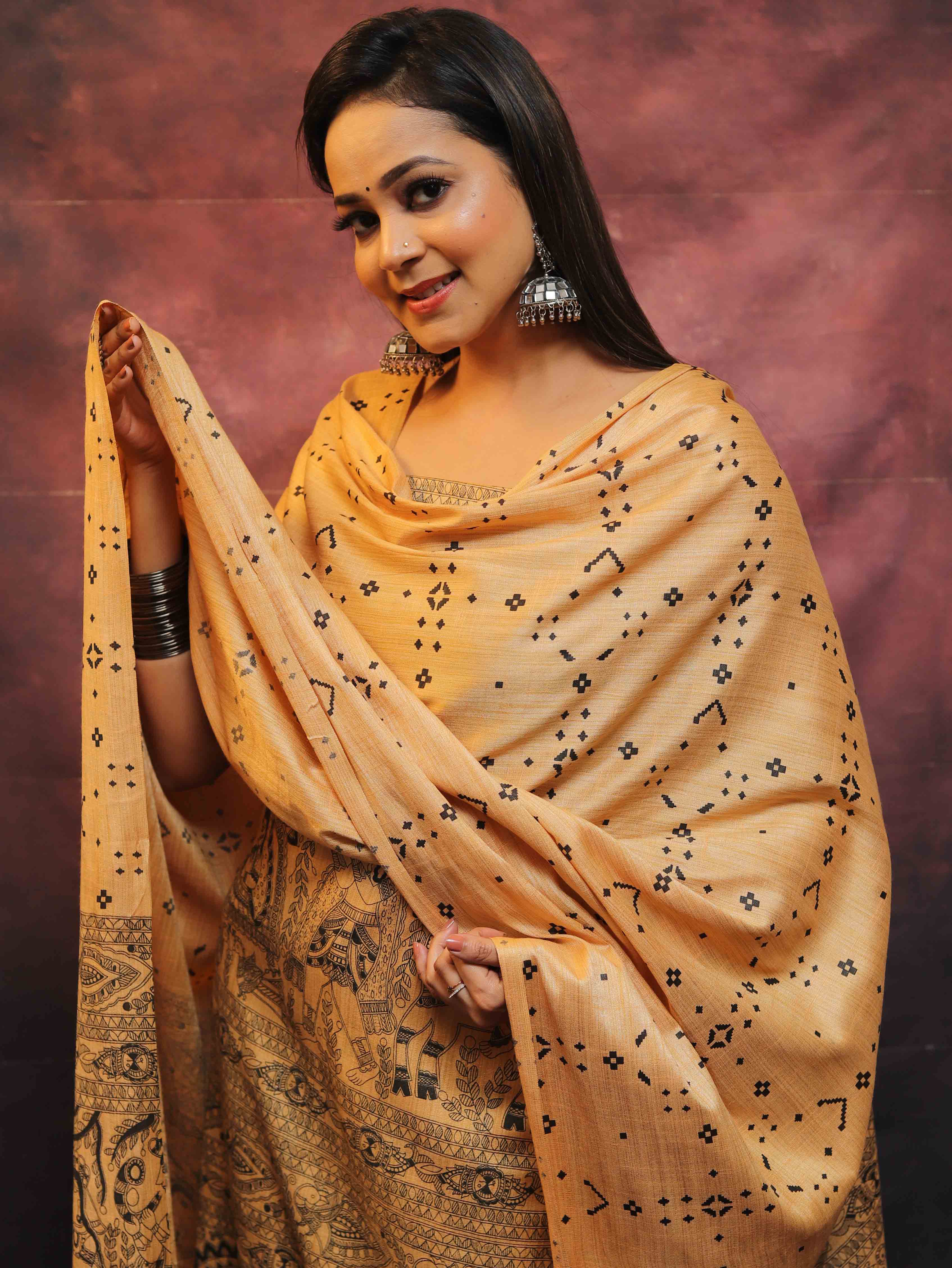 Pure Handloom Khadi Cotton Madhubani Print Salwar Kameez Dupatta Set-Beige