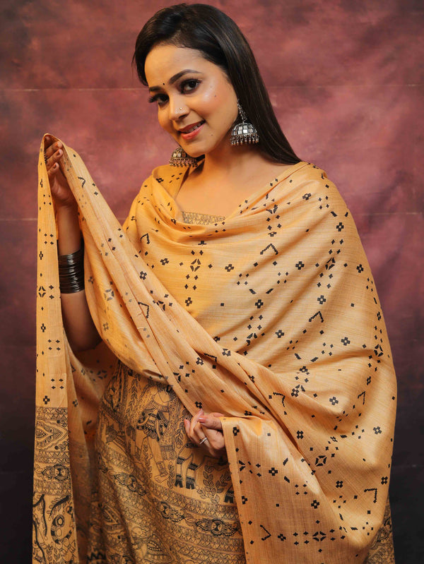 Pure Handloom Khadi Cotton Madhubani Print Salwar Kameez Dupatta Set-Beige