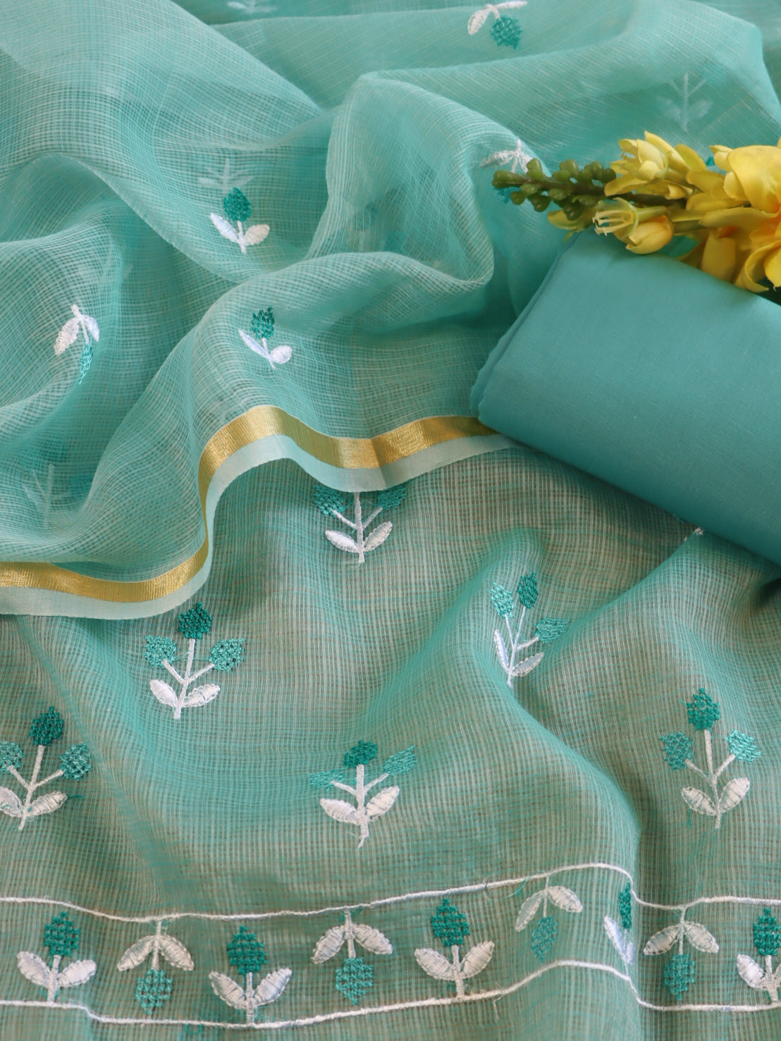 Banarasee Kota Doria Hand-Embroidered Salwar Kameez With Dupatta Set-Blue