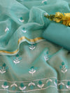 Banarasee Kota Doria Hand-Embroidered Salwar Kameez With Dupatta Set-Blue