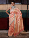 Banarasee Pure Chiffon Saree With Golden Zari Jaal Design Border & Lace-Peach