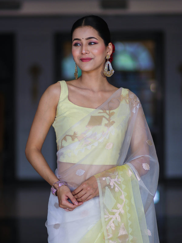 Banarasee Dual Color Organza Mix Saree With Resham & Zari Work-White & Light Yellow