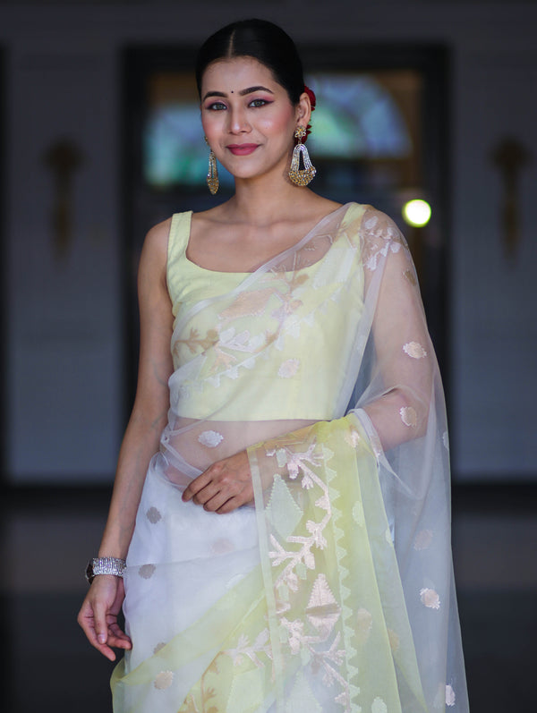 Banarasee Dual Color Organza Mix Saree With Resham & Zari Work-White & Light Yellow