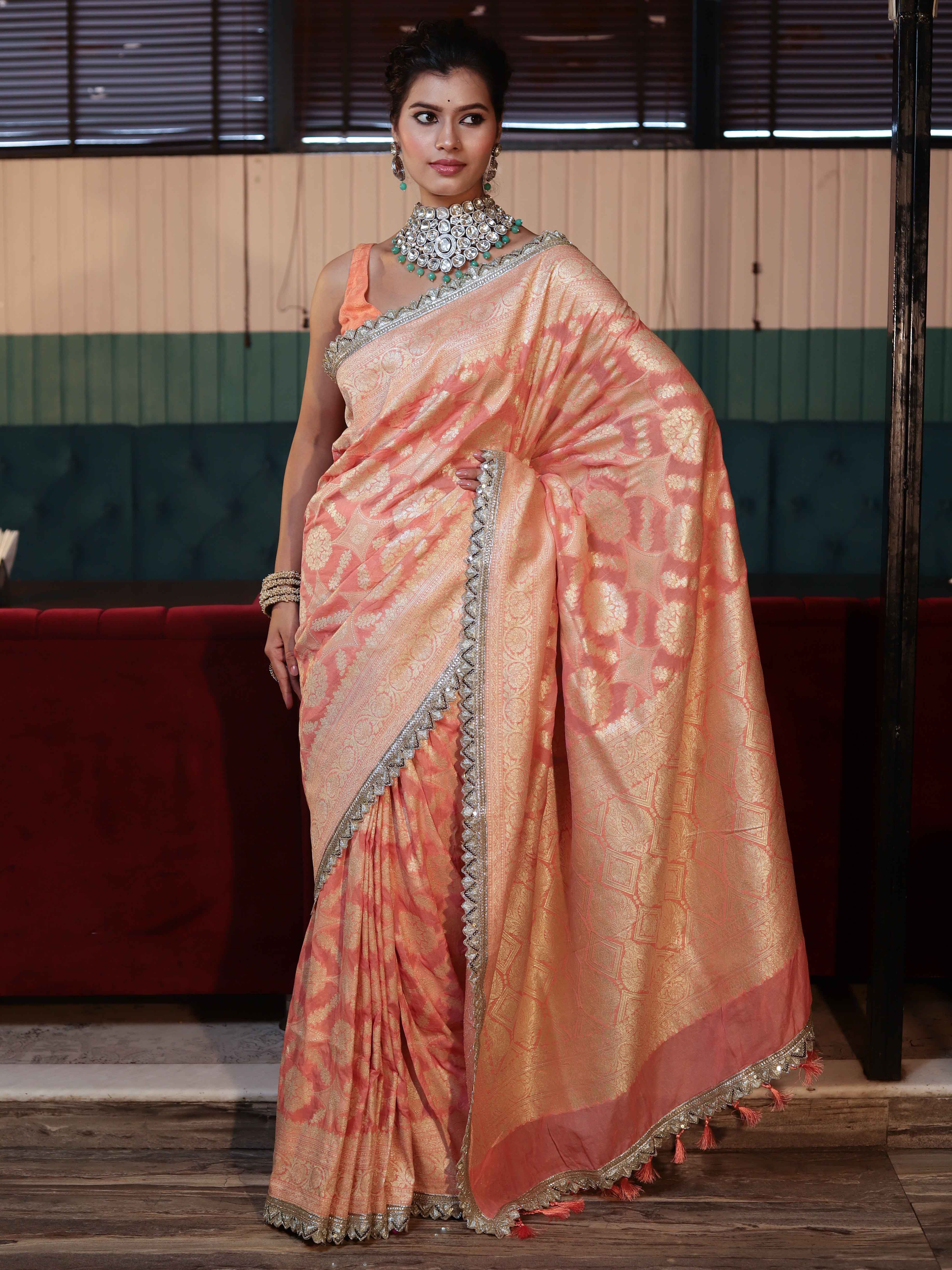 Banarasee Pure Chiffon Saree With Golden Zari Jaal Design Border & Lace-Peach