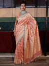 Banarasee Pure Chiffon Saree With Golden Zari Jaal Design Border & Lace-Peach