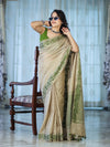 Banarasee Handwoven Semi-Tussar Saree With Contrast Geometric Border-Beige & Green