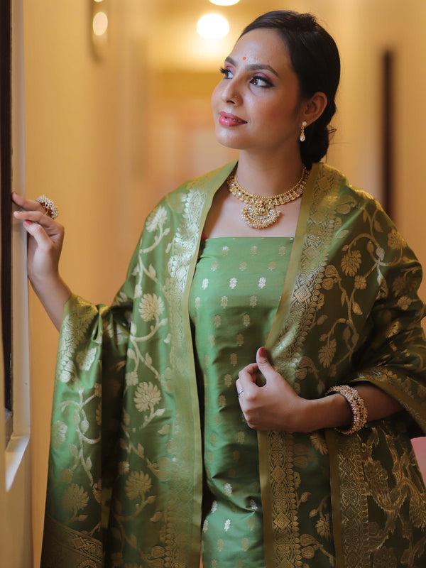 Banarasee Salwar Kameez Semi Katan Silk Fabric With Zari Work-Olive Green