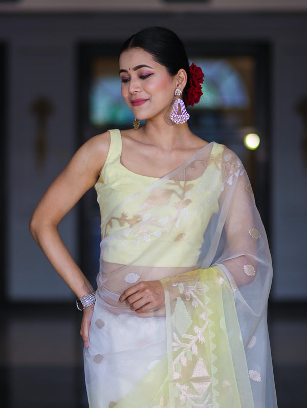 Banarasee Dual Color Organza Mix Saree With Resham & Zari Work-White & Light Yellow