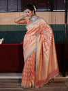 Banarasee Pure Chiffon Saree With Golden Zari Jaal Design Border & Lace-Peach