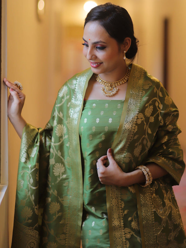 Banarasee Salwar Kameez Semi Katan Silk Fabric With Zari Work-Olive Green