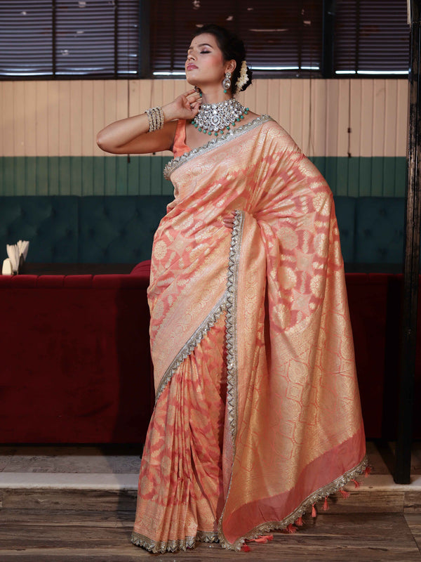 Banarasee Pure Chiffon Saree With Golden Zari Jaal Design Border & Lace-Peach