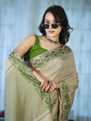 Banarasee Handwoven Semi-Tussar Saree With Contrast Geometric Border-Beige & Green