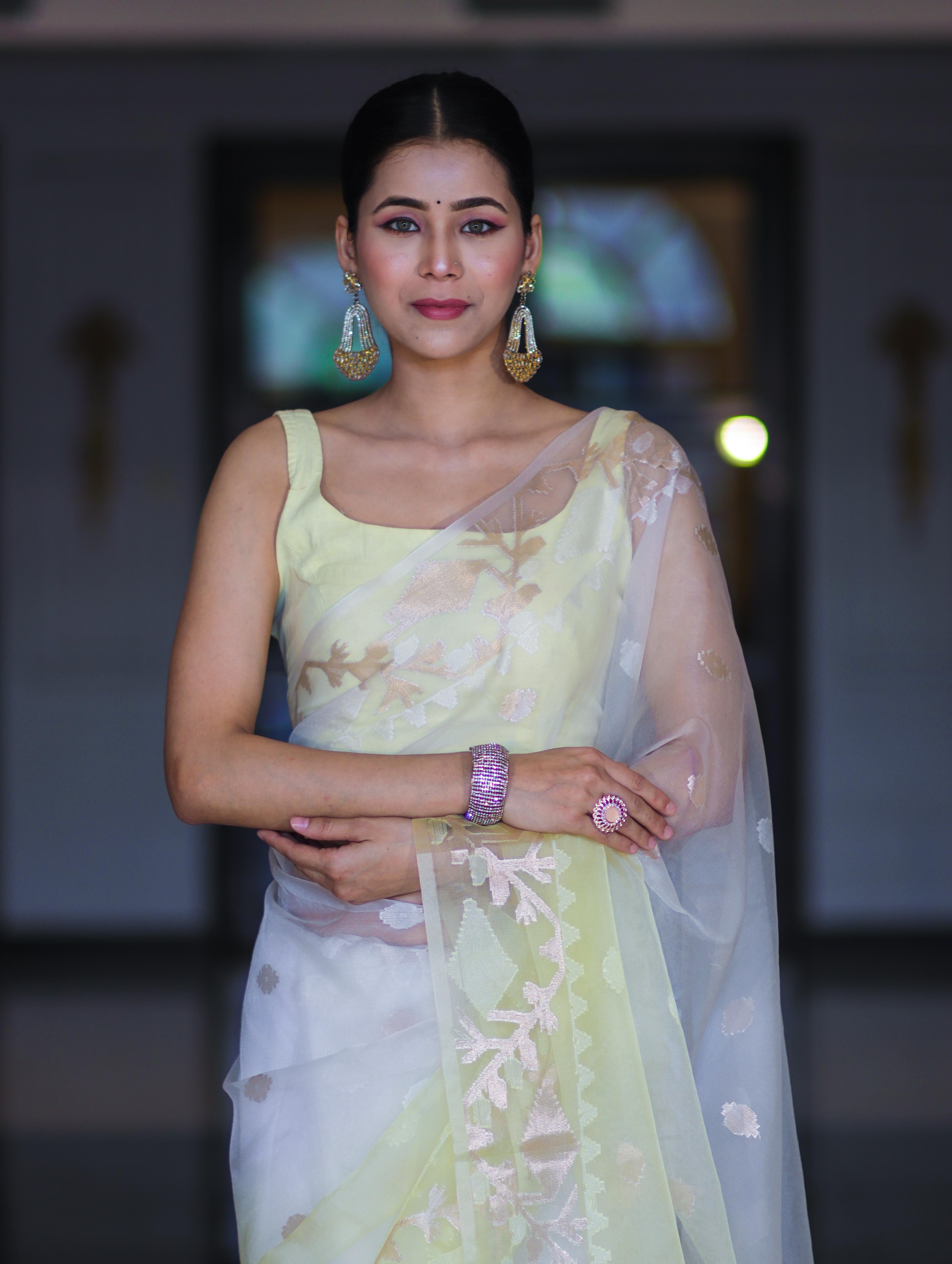 Banarasee Dual Color Organza Mix Saree With Resham & Zari Work-White & Light Yellow