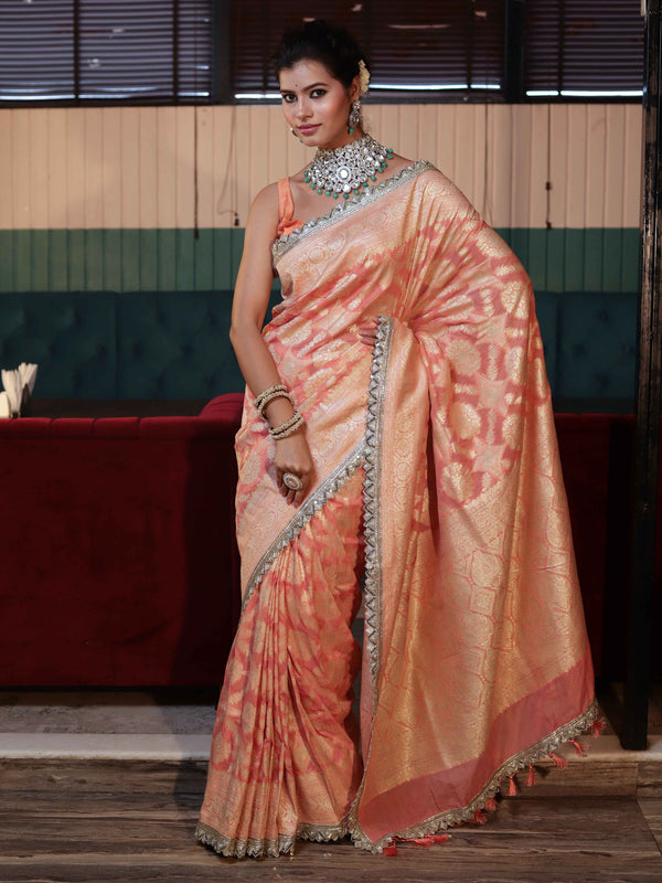 Banarasee Pure Chiffon Saree With Golden Zari Jaal Design Border & Lace-Peach
