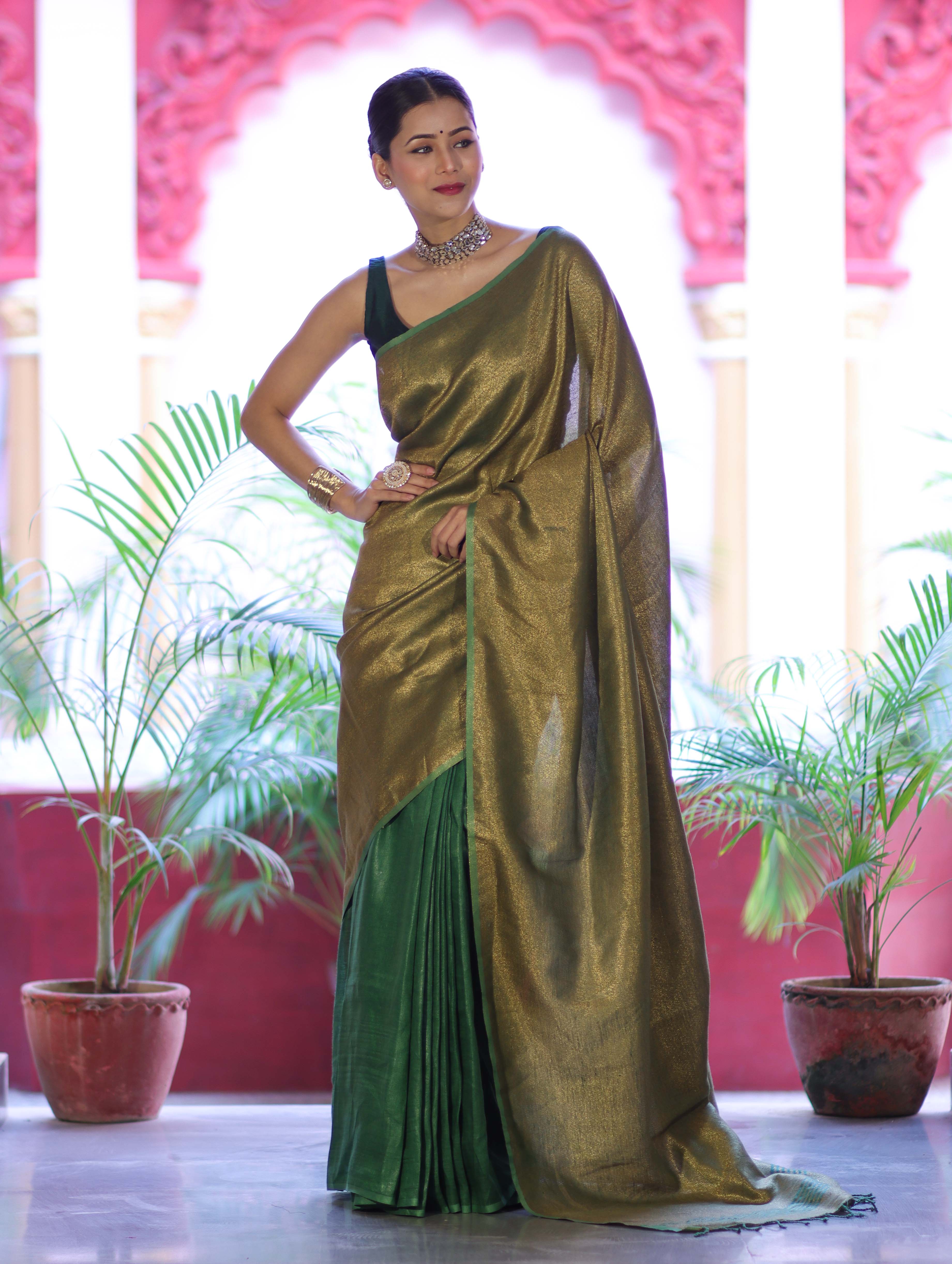 Bhagalpuri Handloom Dual Color Pure Linen Shine Saree-Green & Gold